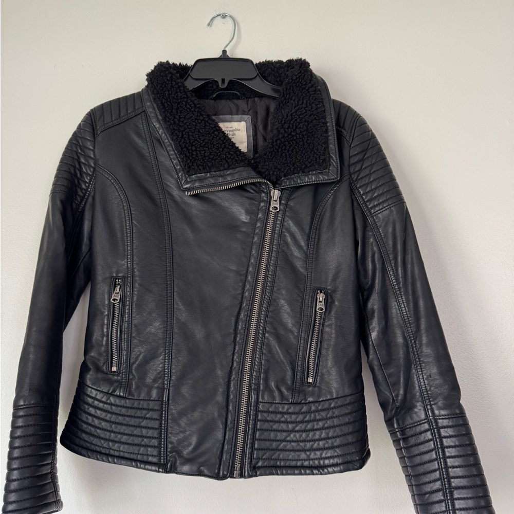 Abercrombie & Fitch Black Leather Jacket with Quilted Details